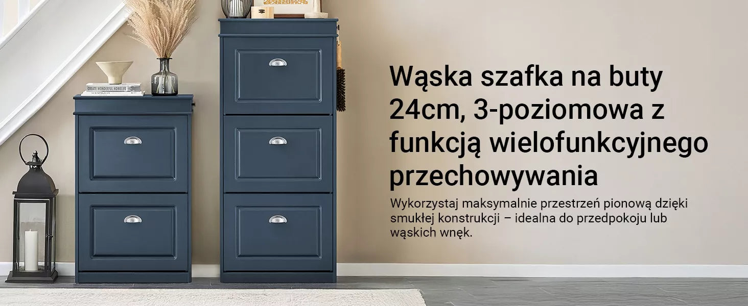 Mėlyna batų spintelė su 3 atlenkiamomis durelėmis prieškambariui, pastatoma 53x24cm FSR94-B
