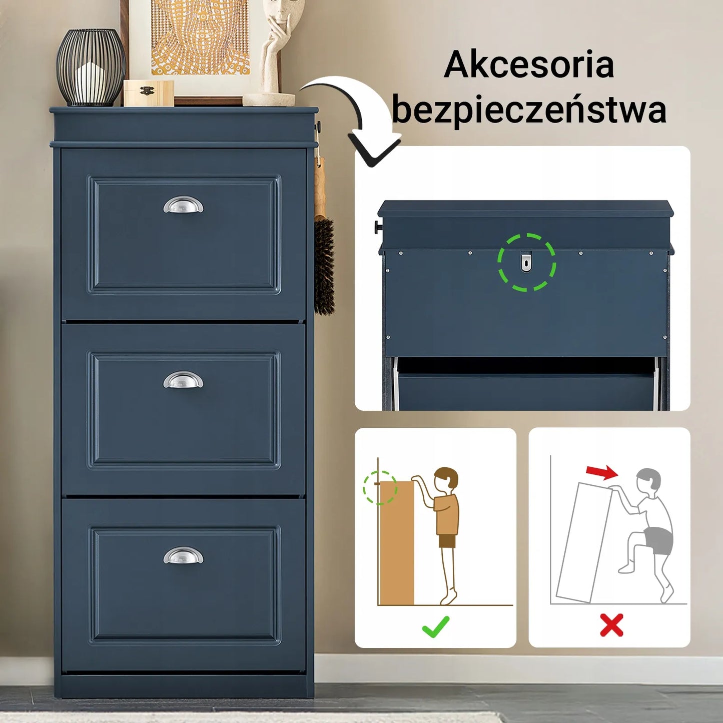 Mėlyna batų spintelė su 3 atlenkiamomis durelėmis prieškambariui, pastatoma 53x24cm FSR94-B