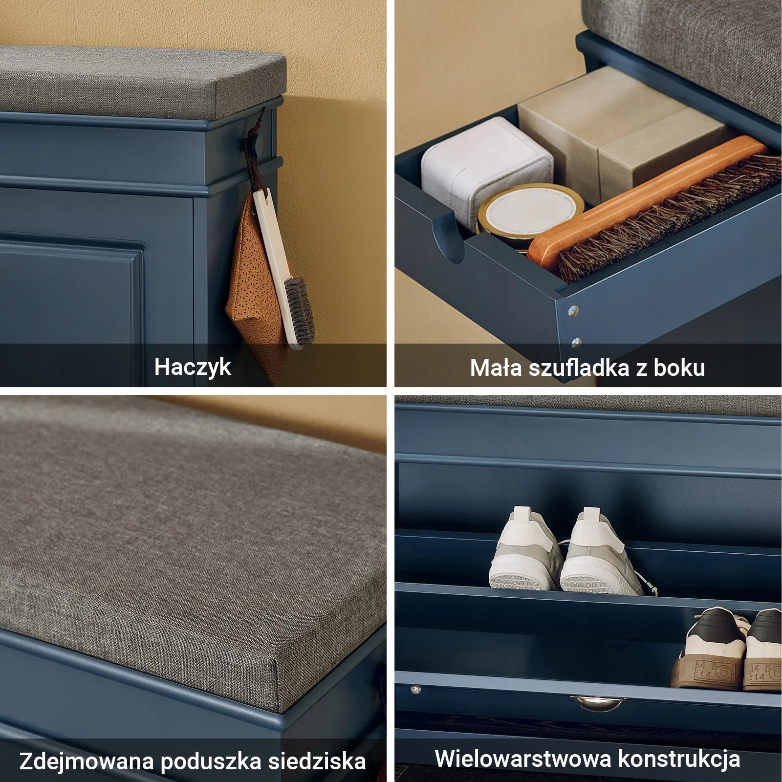 Mėlynas apmuštas batų suolas su saugojimo vieta 75x24cm FSR82-L-B