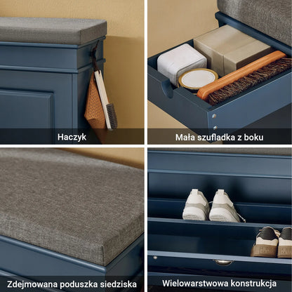Mėlynas apmuštas batų suolas su saugojimo vieta 75x24cm FSR82-L-B