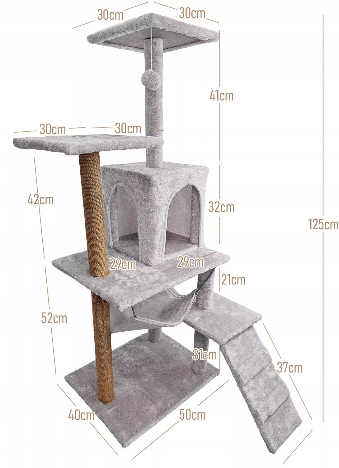 Mersjo 6 lygių aukšta draskyklė katėms su nameliu, gultu ir žaislu - 125 cm