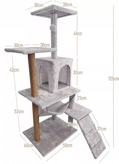 Mersjo 6 lygių aukšta draskyklė katėms su nameliu, gultu ir žaislu - 125 cm