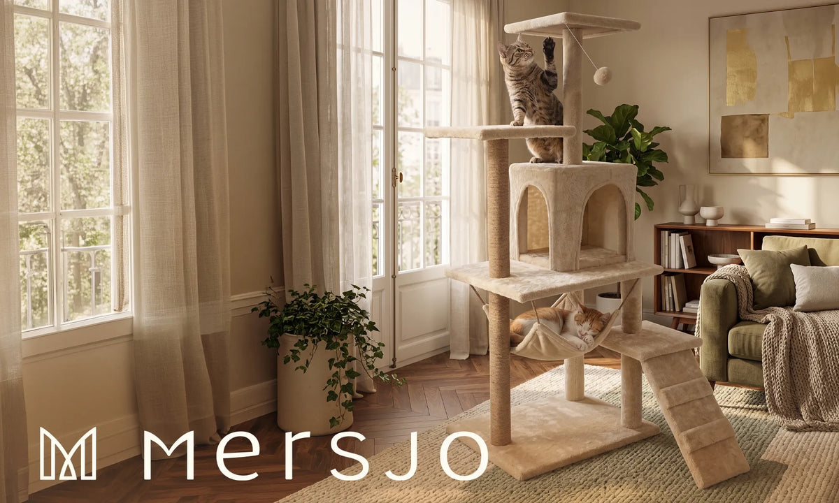 Mersjo 6 lygių aukšta kačių draskyklė su nameliu, guoliu ir žaislu, 125 cm