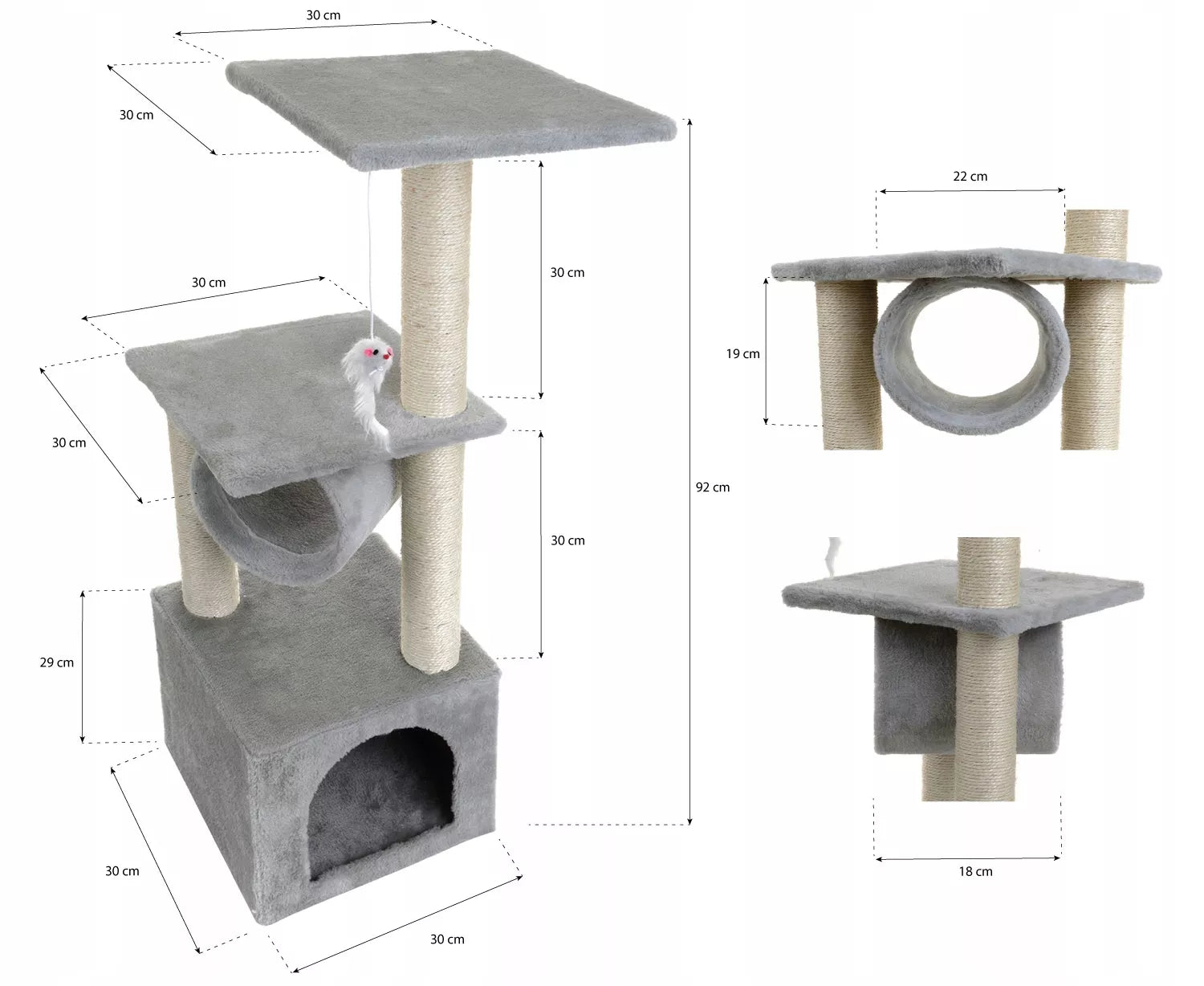Mersjo Double draskyklė katėms: namelis, poilsio vieta, stulpas nagams galąsti ir žaislas, 92 cm