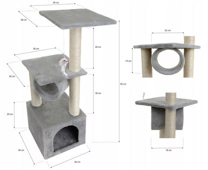Mersjo Double draskyklė katėms: namelis, poilsio vieta, stulpas nagams galąsti ir žaislas, 92 cm