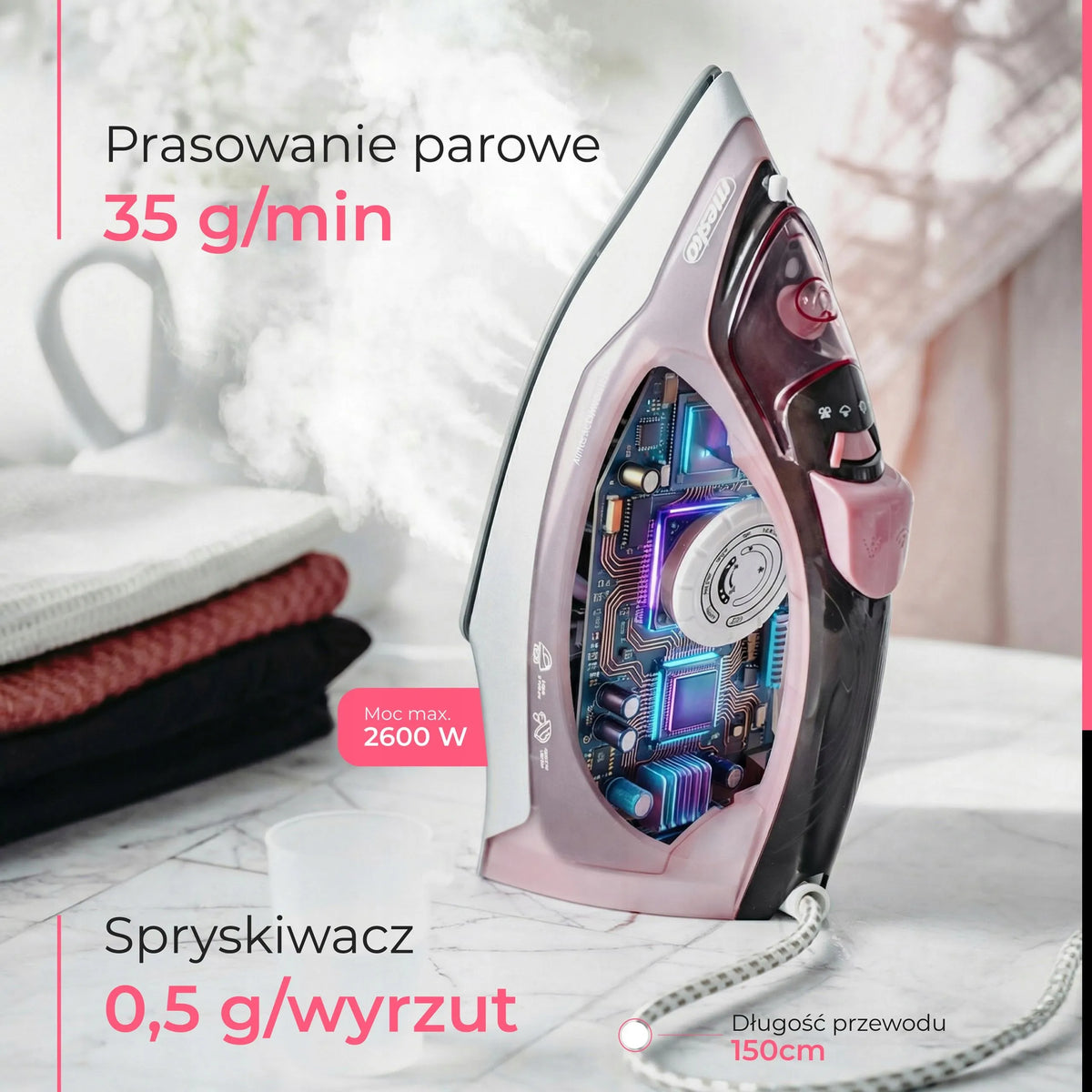 Mesko MS 5028 garinis lygintuvas, 2600 W, keraminis padas, savivalos funkcija, ANTI-DRIP, ANTI-CALC