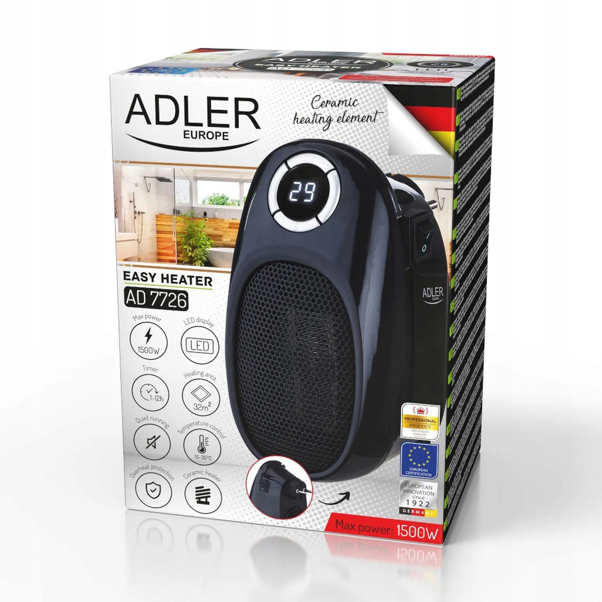 MINI ELEKTRINIS ŠILDYTUVAS ADLER MINI 7726 TERMOVENTILIATORIUS ŠILDYKLĖ SU LAIKMAČIU IR REGULIAVIMU