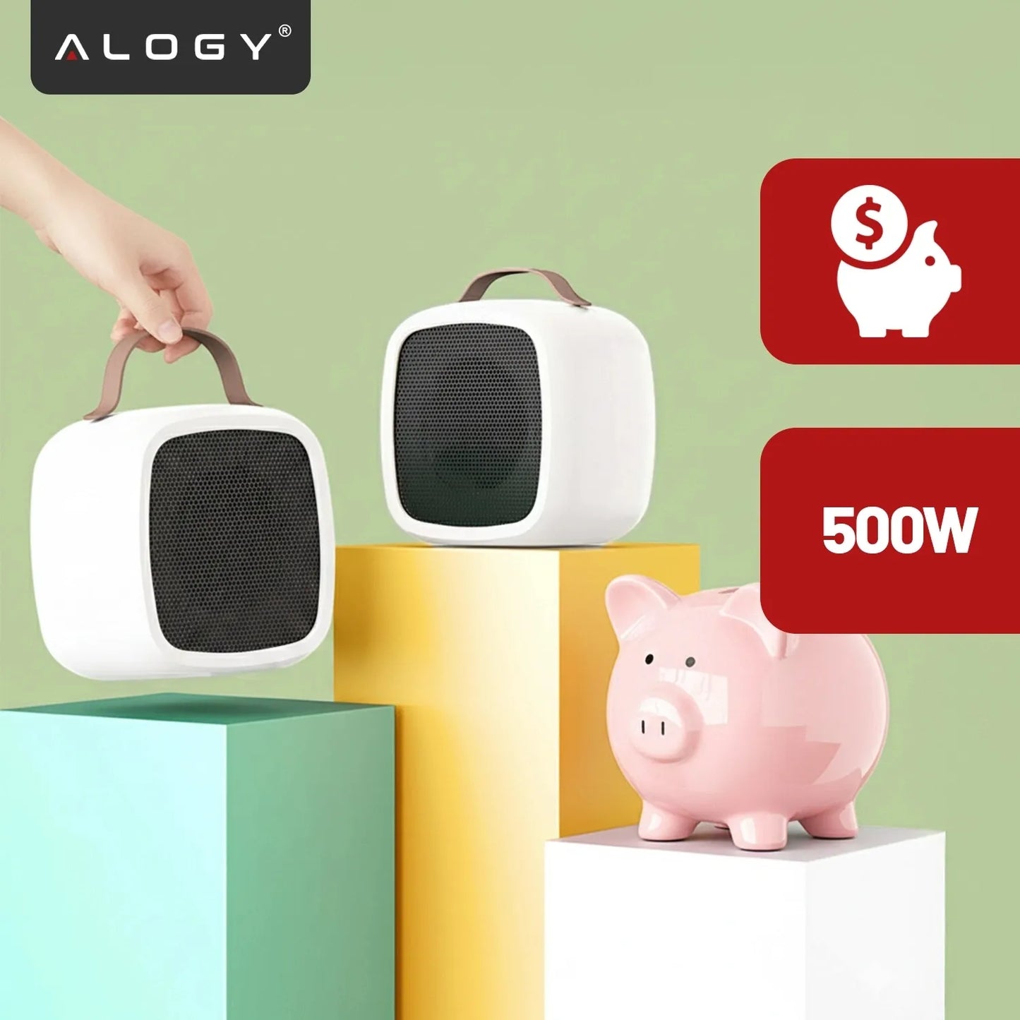Mini elektrinis šildytuvas Alogy, 500W, baltas