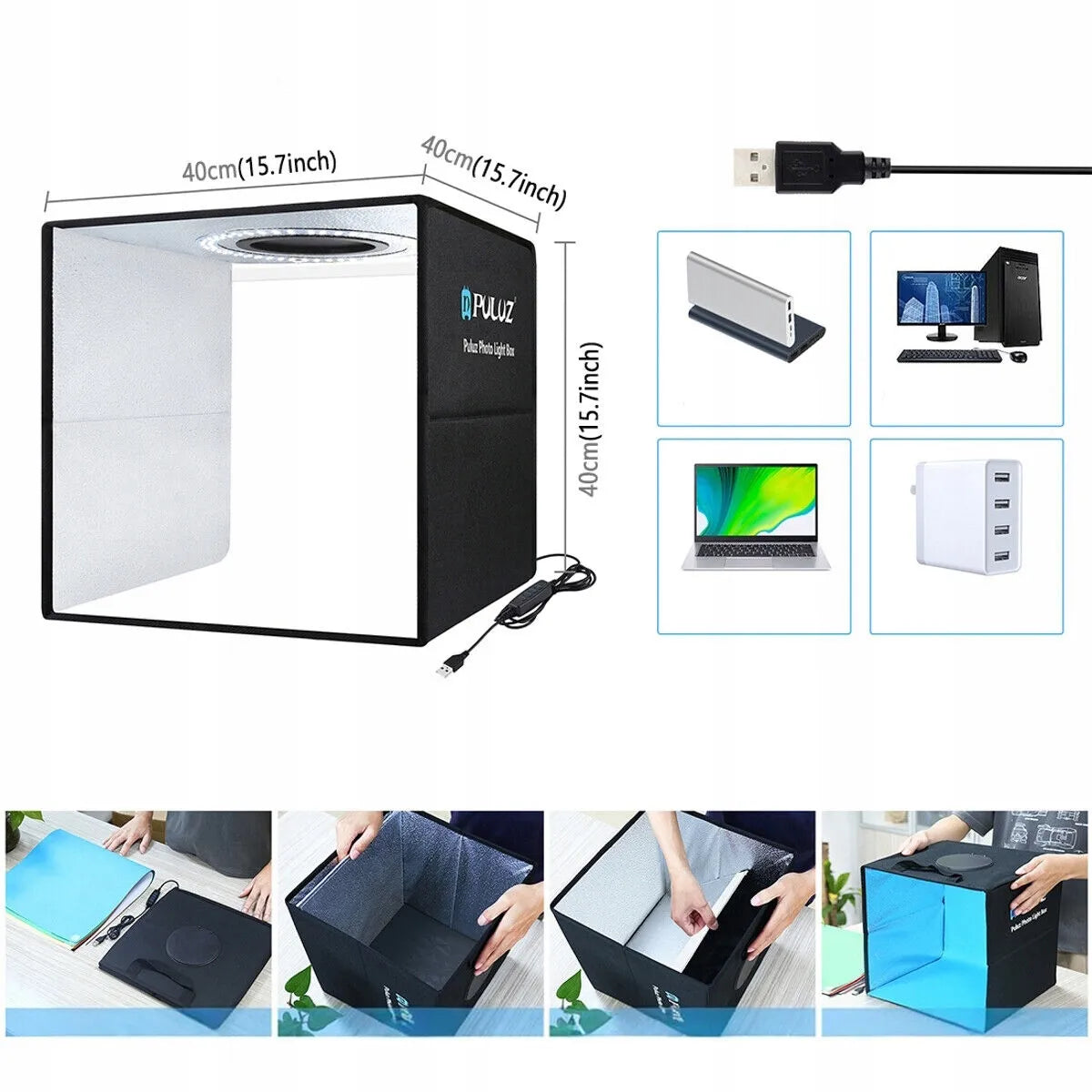 Mini foto studija šviesdėžė su integruotu LED apšvietimu 40x40x40cm