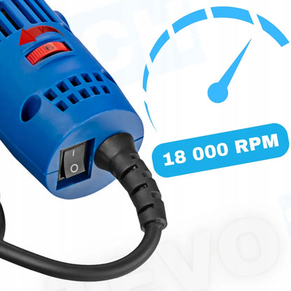 Mini kampinis šlifuoklis TEVOTECH 550 W su greičio reguliavimu ir aksesuarų rinkiniu