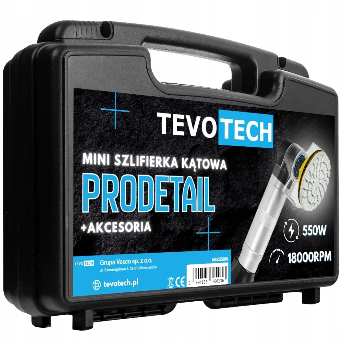 Mini kampinis šlifuoklis TEVOTECH 550 W su greičio reguliavimu ir aksesuarų rinkiniu