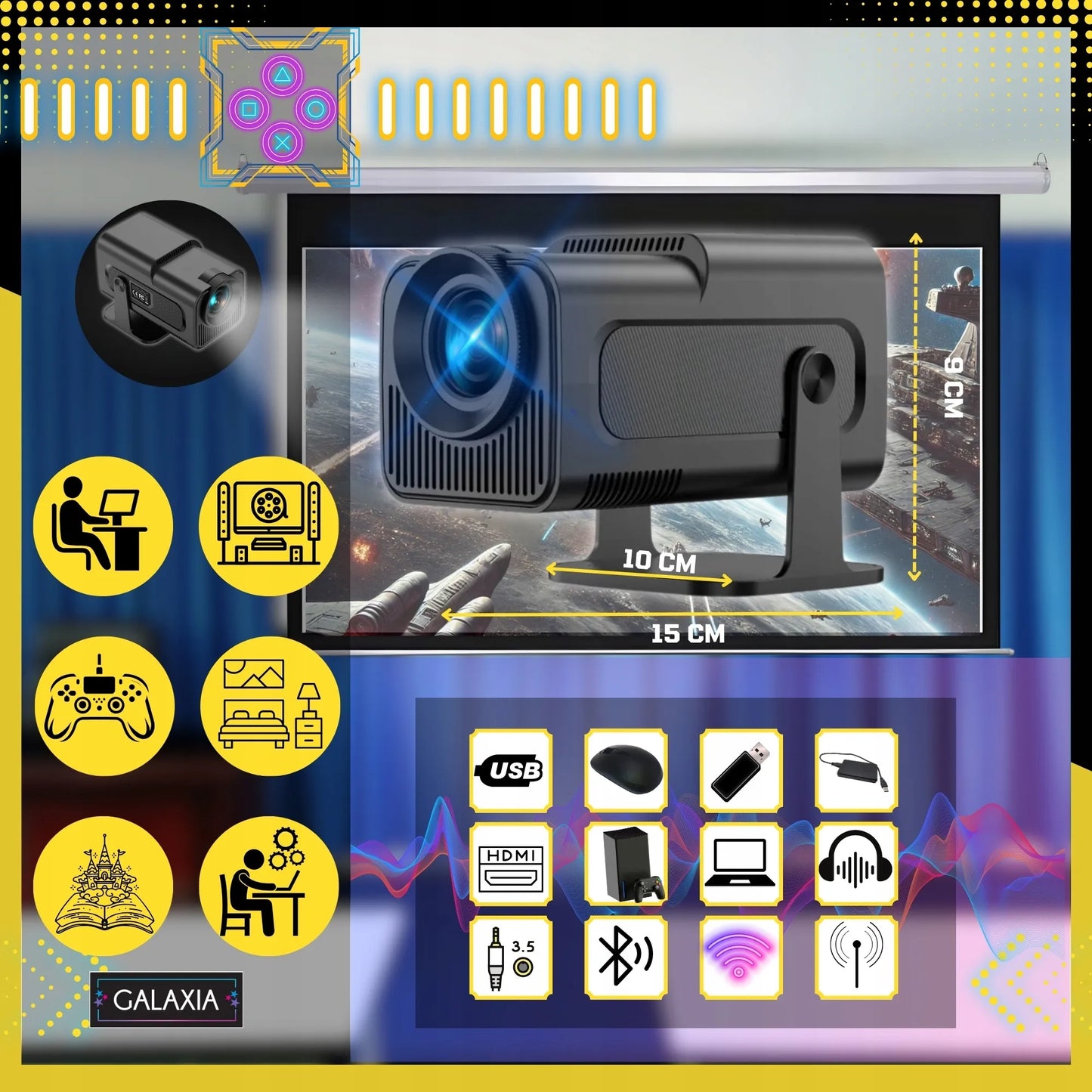 Mini projektorius GALAXIA HY320, nešiojamas, Android 11, LED, Wi-Fi, HD, Smart TV, juodas