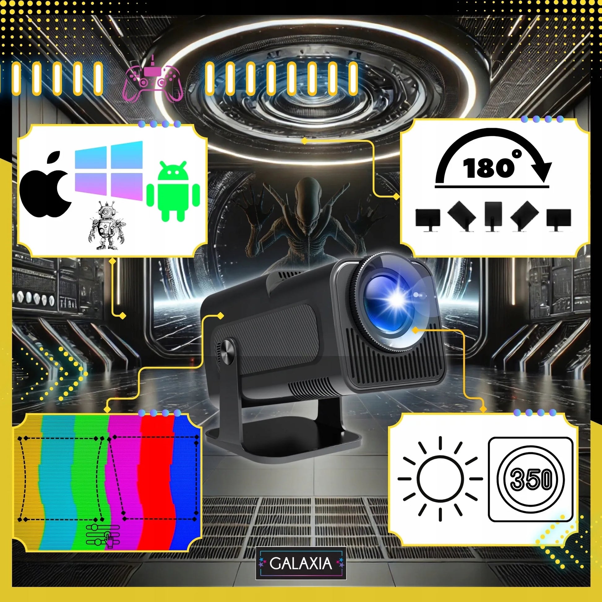 Mini projektorius GALAXIA HY320, nešiojamas, Android 11, LED, Wi-Fi, HD, Smart TV, juodas