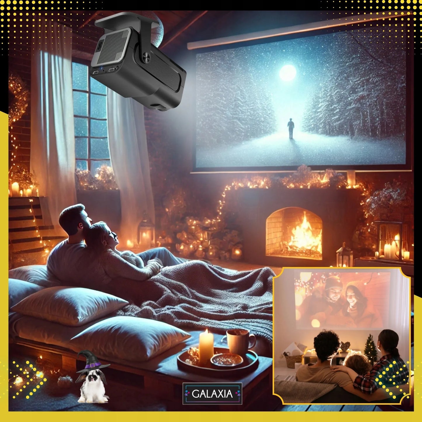 Mini projektorius GALAXIA HY320, nešiojamas, Android 11, LED, Wi-Fi, HD, Smart TV, juodas