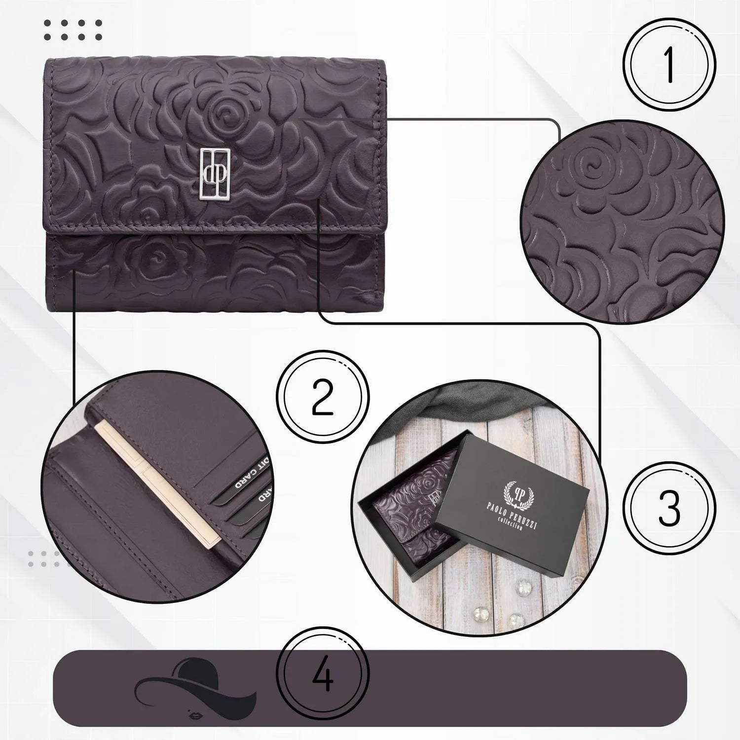 Moteriška odinė Paolo Peruzzi piniginė, horizontali, RFID, violetinė