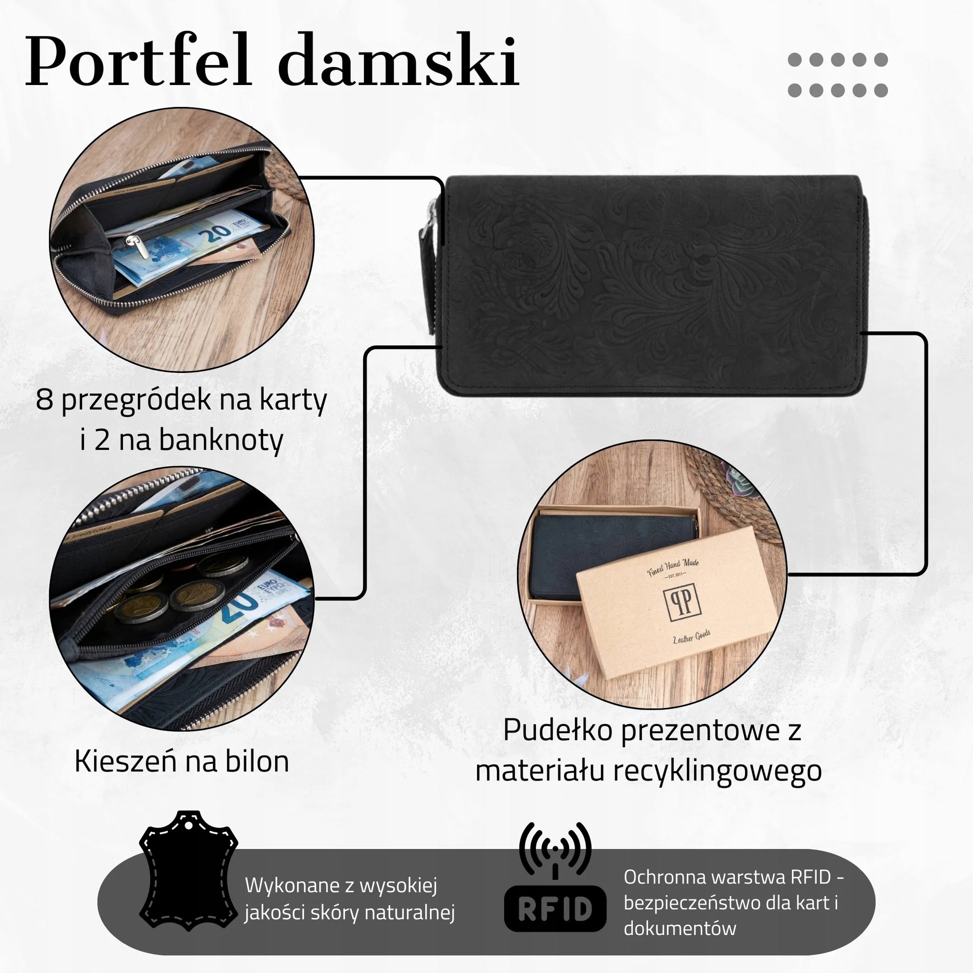 Moteriška odinė piniginė Paolo Peruzzi, gėlėta, juoda, RFID, vintažinė, talpi