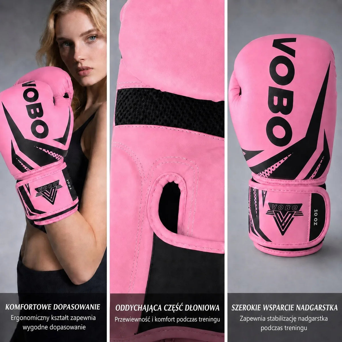 Moteriškos „VoBo“ bokso pirštinės treniruotėms ir sparingams, 14 oz, rožinės, A15