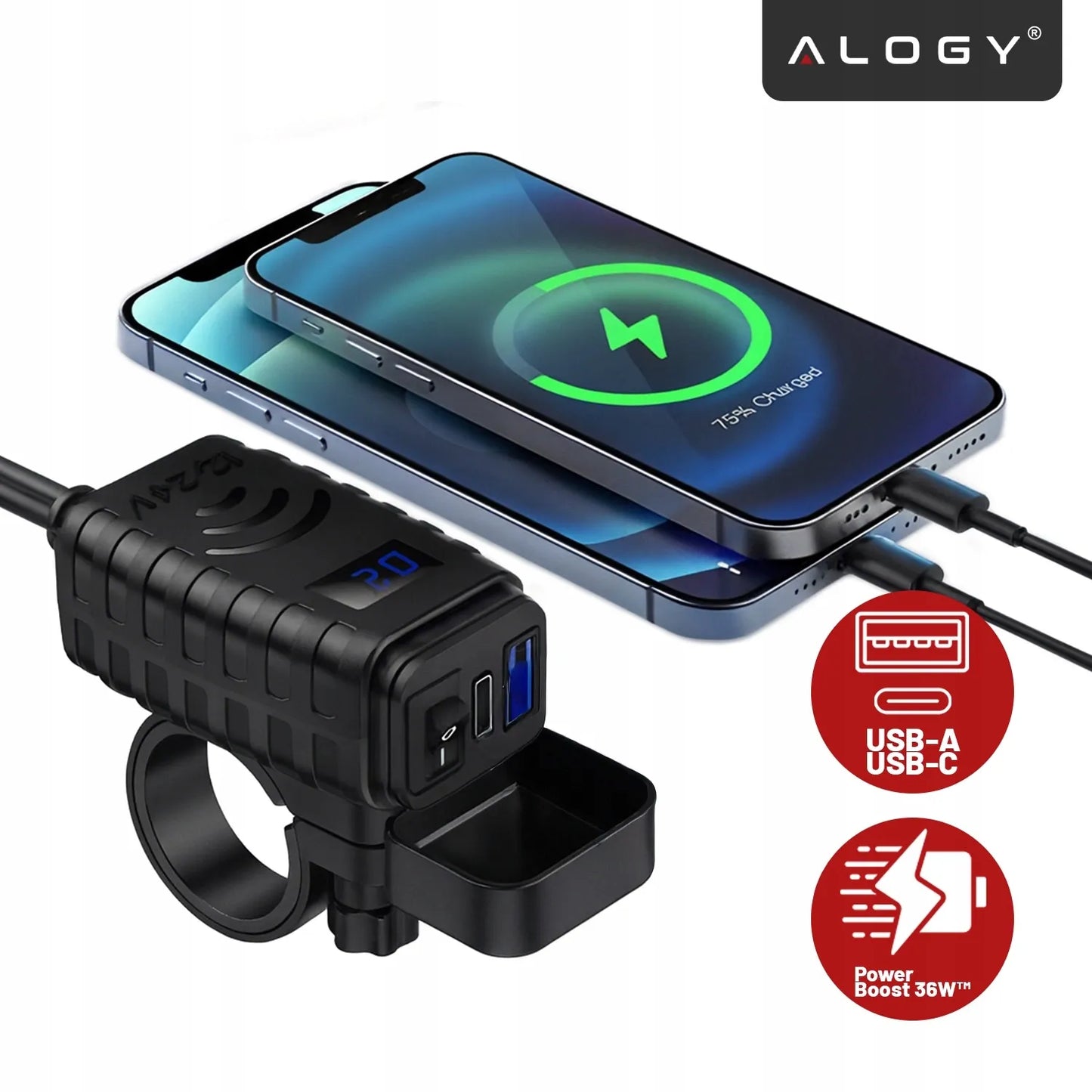 Motociklo įkroviklis PD QC3.0 USB & USB-C su LED voltmetru 36W greitasis