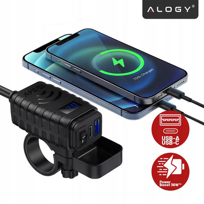 Motociklo įkroviklis PD QC3.0 USB & USB-C su LED voltmetru 36W greitasis