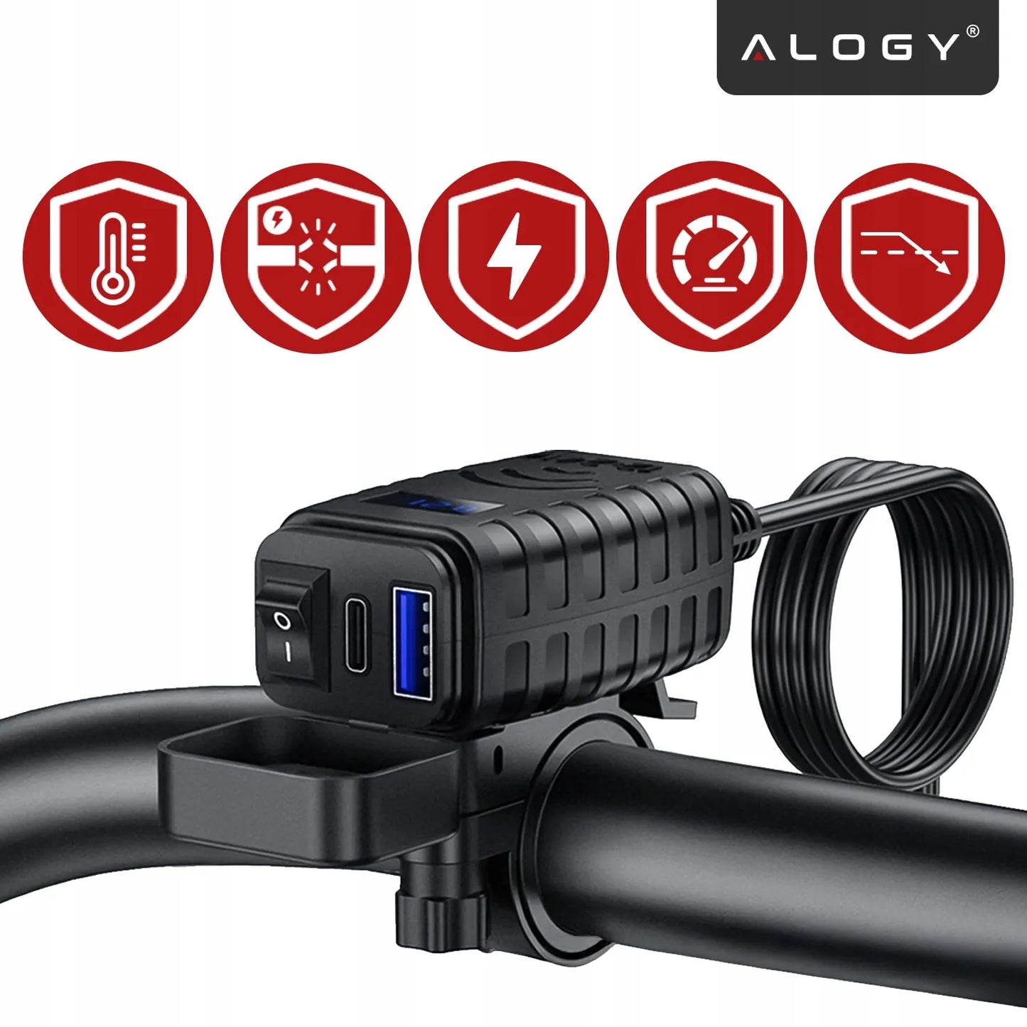 Motociklo įkroviklis PD QC3.0 USB & USB-C su LED voltmetru 36W greitasis