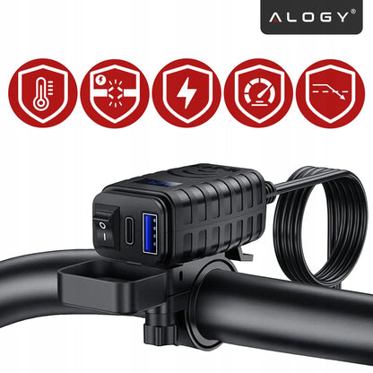 Motociklo įkroviklis PD QC3.0 USB & USB-C su LED voltmetru 36W greitasis
