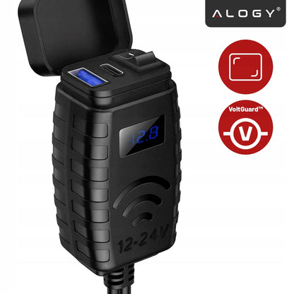 Motociklo įkroviklis PD QC3.0 USB & USB-C su LED voltmetru 36W greitasis