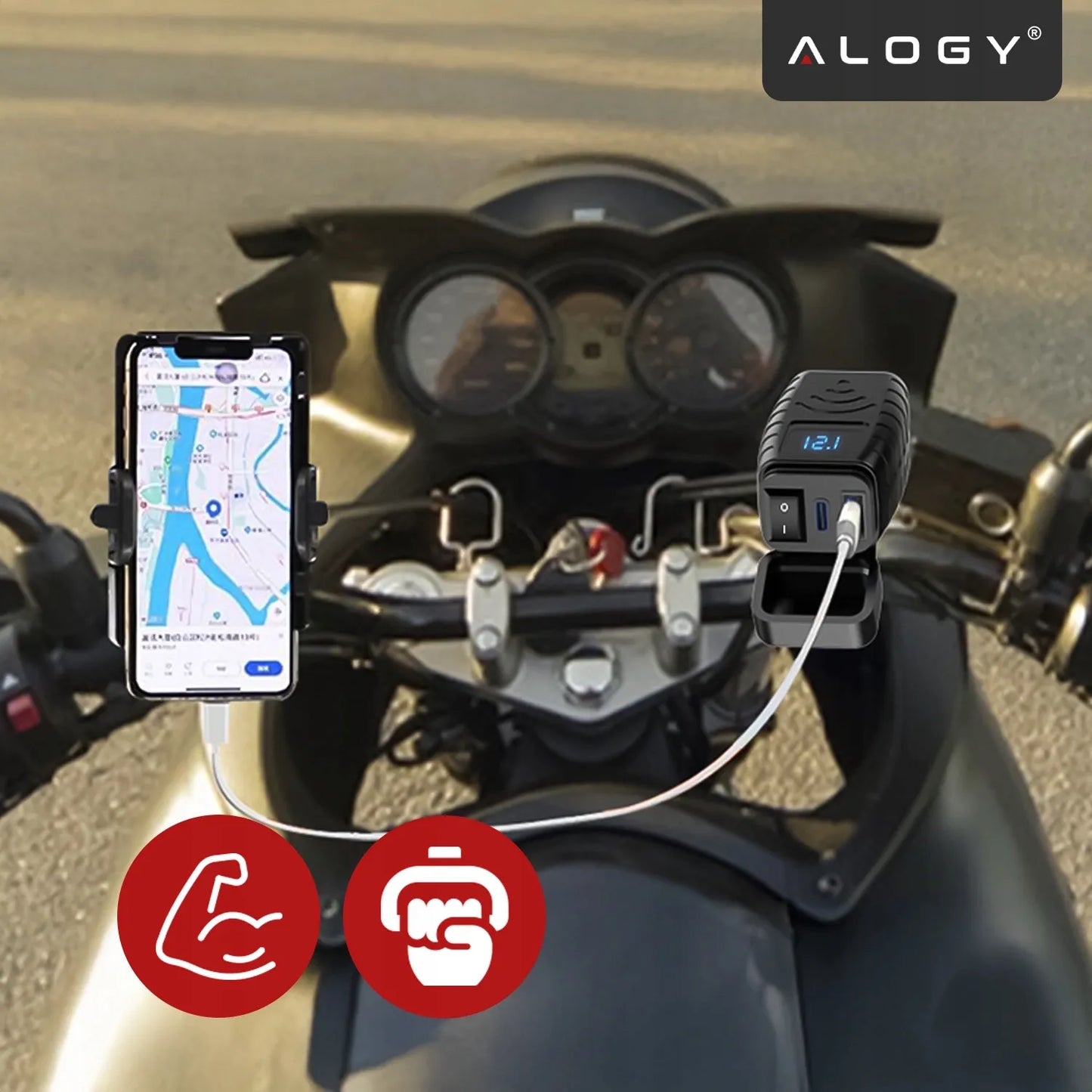 Motociklo įkroviklis PD QC3.0 USB & USB-C su LED voltmetru 36W greitasis