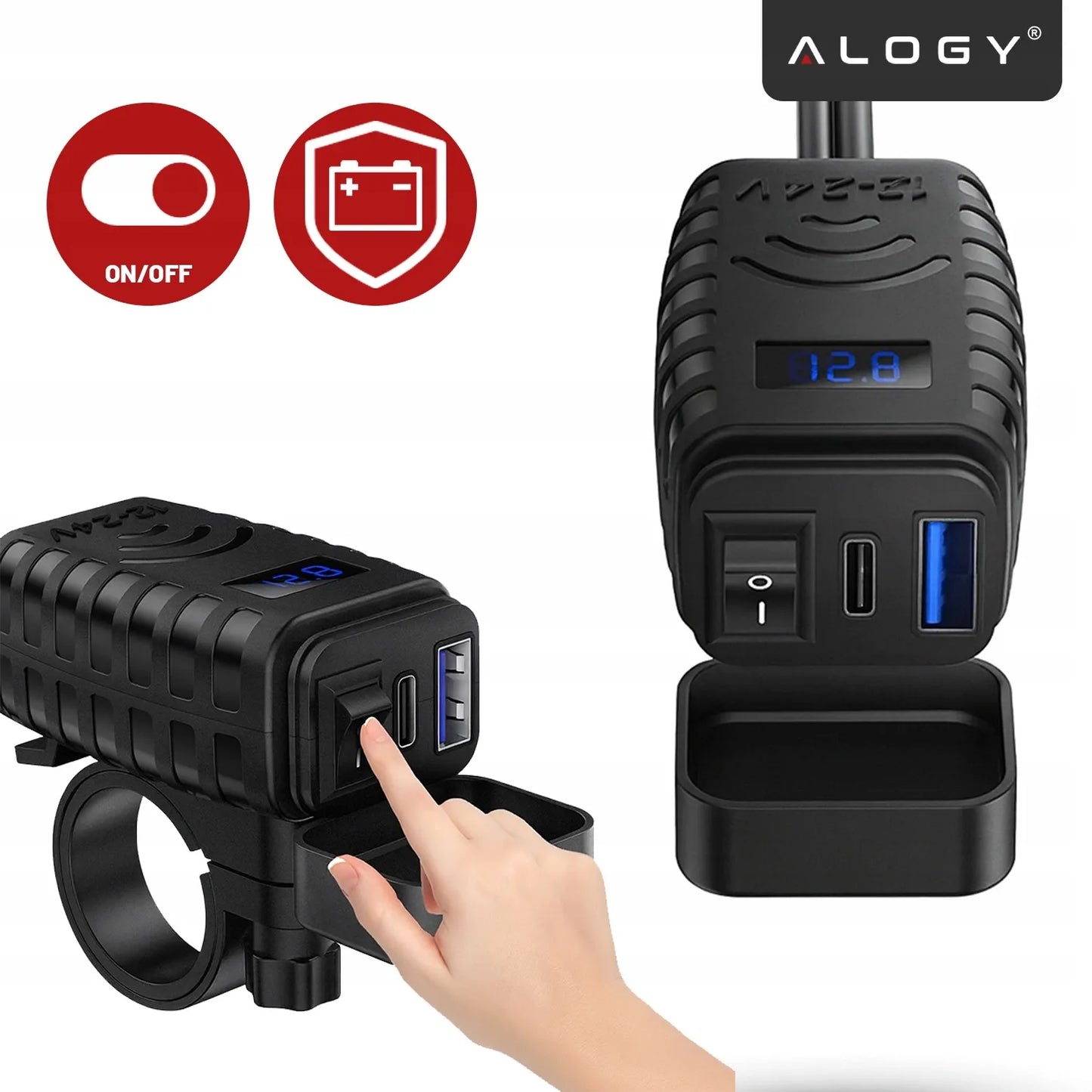 Motociklo įkroviklis PD QC3.0 USB & USB-C su LED voltmetru 36W greitasis