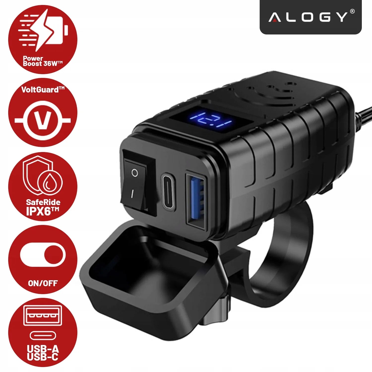 Motociklo įkroviklis PD QC3.0 USB & USB-C su LED voltmetru 36W greitasis