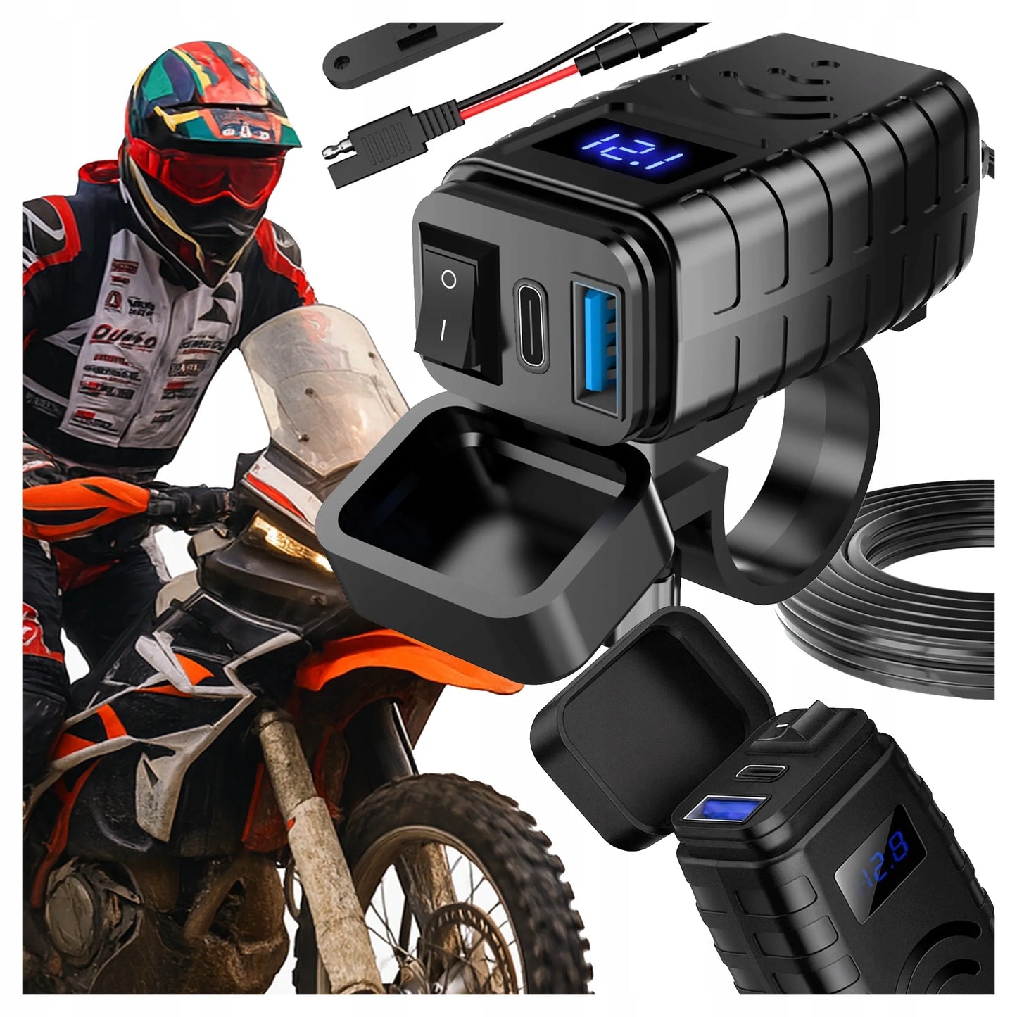 Motociklo įkroviklis PD QC3.0 USB & USB-C su LED voltmetru 36W greitasis