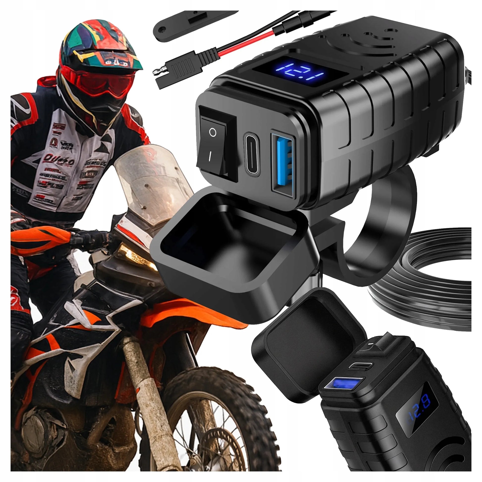 Motociklo įkroviklis PD QC3.0 USB & USB-C su LED voltmetru 36W greitasis