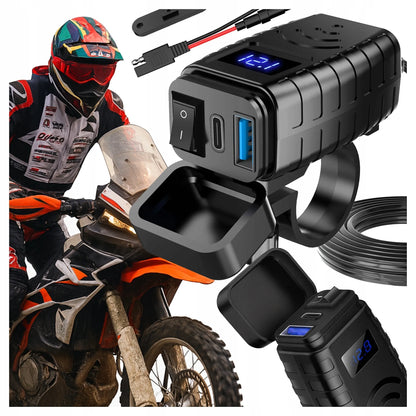 Motociklo įkroviklis PD QC3.0 USB & USB-C su LED voltmetru 36W greitasis
