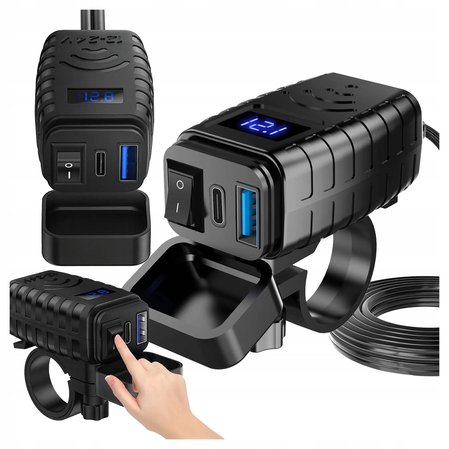 Motociklo įkroviklis PD QC3.0 USB & USB-C su LED voltmetru 36W greitasis