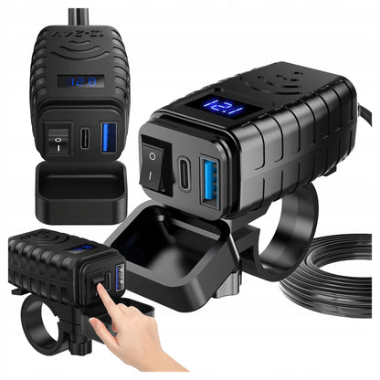 Motociklo įkroviklis PD QC3.0 USB & USB-C su LED voltmetru 36W greitasis