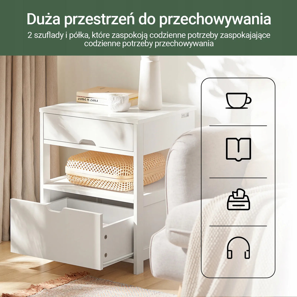 Naktinių staliukų komplektas „SoBuy“ su lentyna ir 2 stalčiais, 44 × 38 × 56 cm, 2 vnt., FRG258-II-Wx2