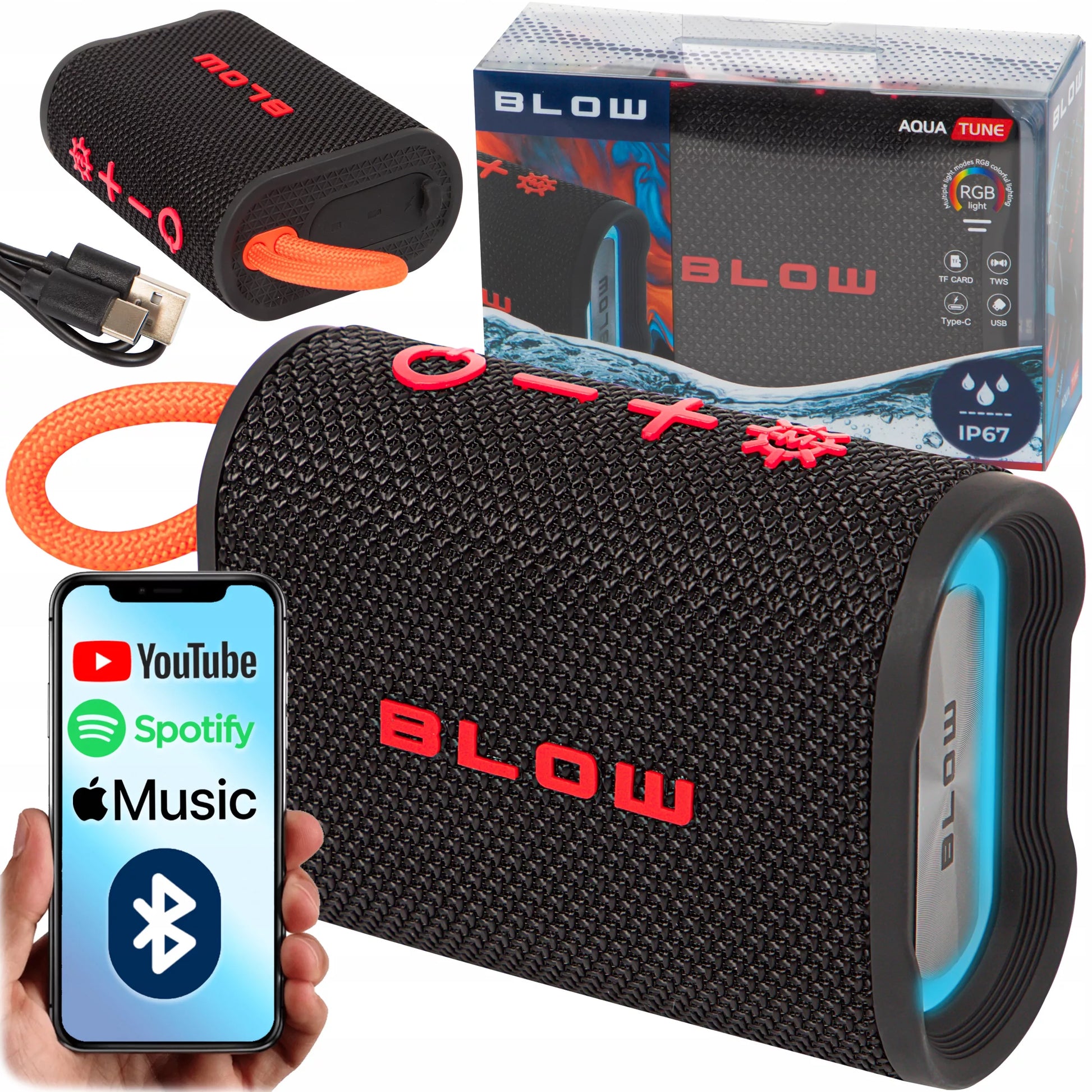 Nešiojamas belaidis „Bluetooth“ garsiakalbis BLOW AQUA TUNE, vandeniui atsparus IP67, FM radijas, USB, RGB