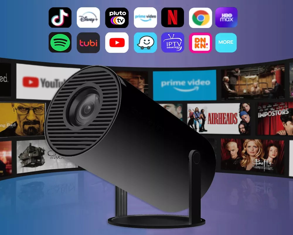 Nešiojamas besisukantis projektorius su garsiakalbiu, Android Smart TV ir Wi-Fi