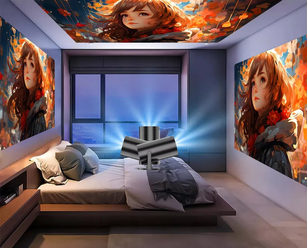Nešiojamas besisukantis projektorius su garsiakalbiu, Android Smart TV ir Wi-Fi