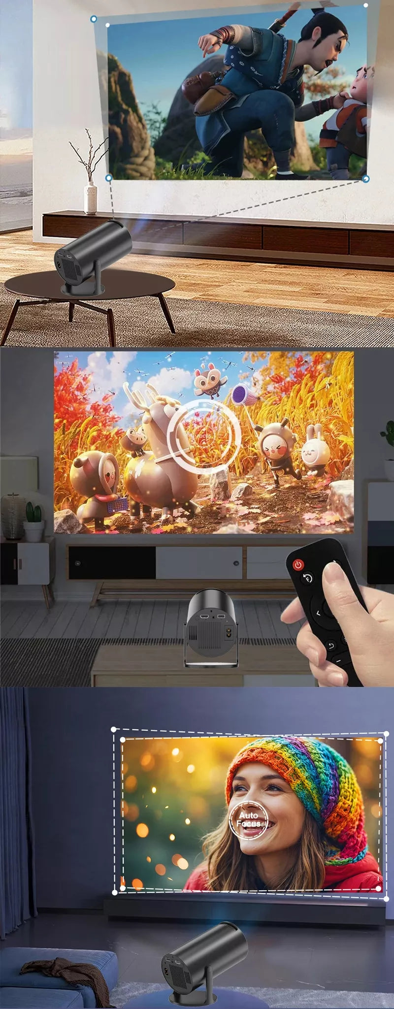 Nešiojamas besisukantis projektorius su garsiakalbiu, Android Smart TV ir Wi-Fi