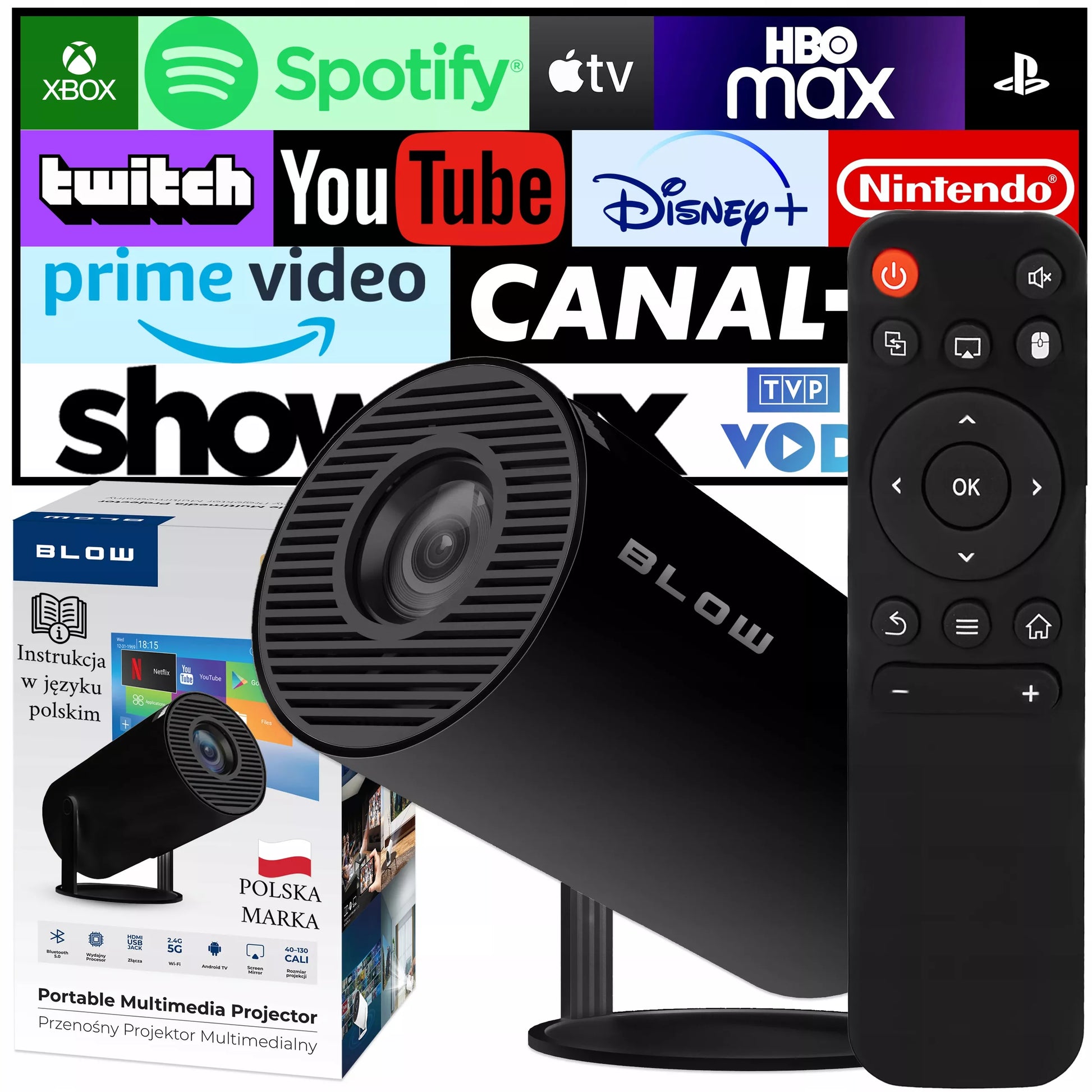 Nešiojamas besisukantis projektorius su garsiakalbiu, Android Smart TV ir Wi-Fi