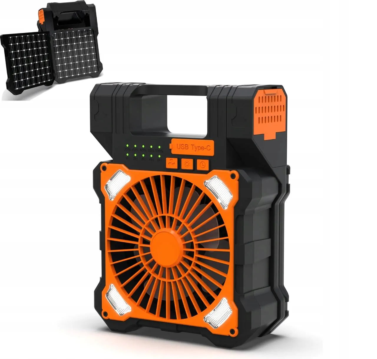 Nešiojamas saulės energija varomas ventiliatorius stovyklavimui su LED ir 8000mAh USB maitinimo bloku