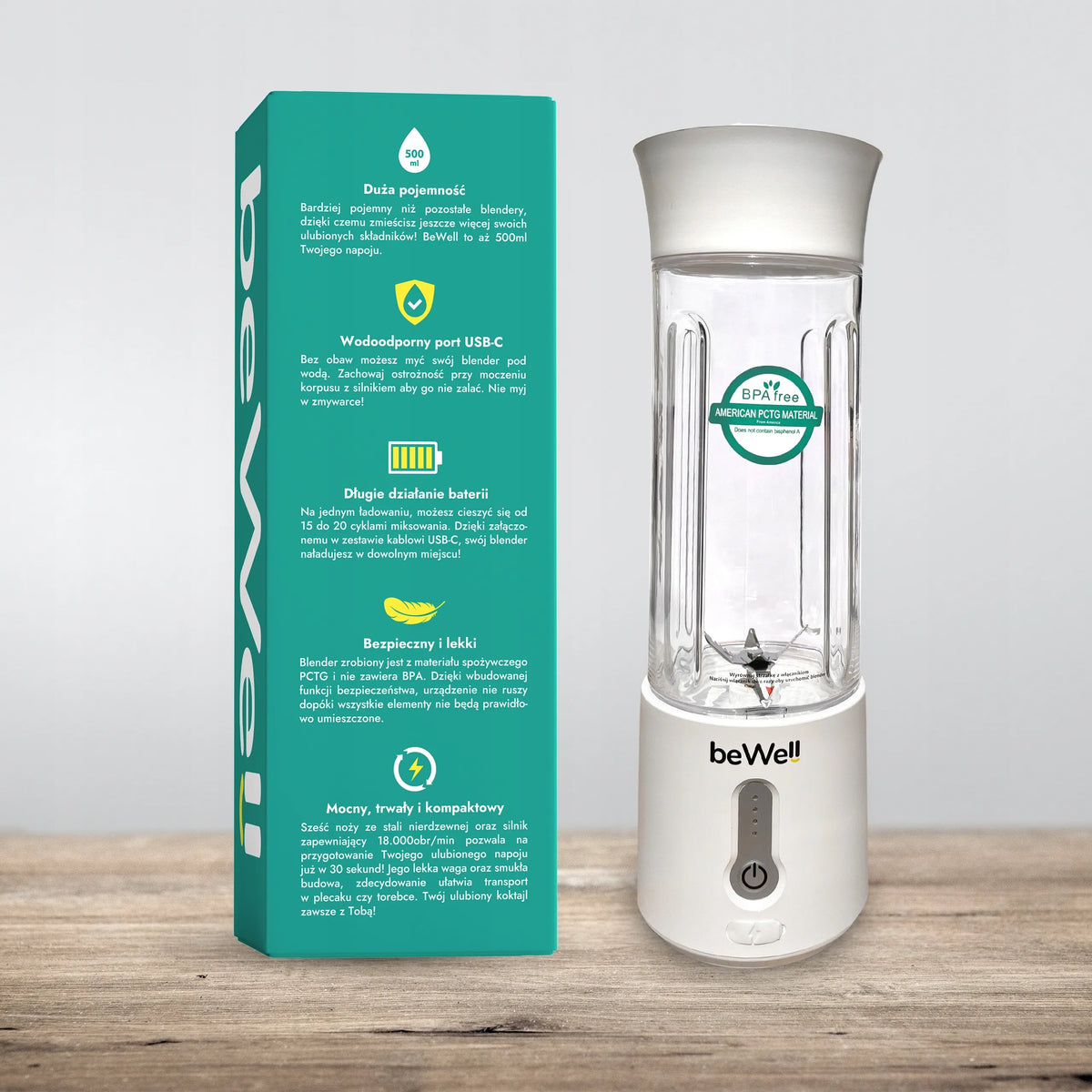 Nešiojamasis belaidis „Bewell beWell Plus“ trintuvas, 500 ml, USB įkrovimas, su „Olimp WPC“ baltymais