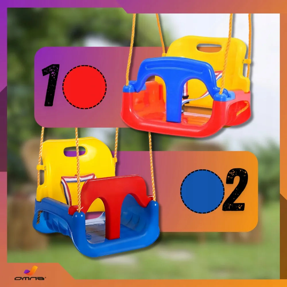 Omna vaikiškos 4-in-1 sūpynės su saugos diržais – plastikines, naudojimui namuose ir sode