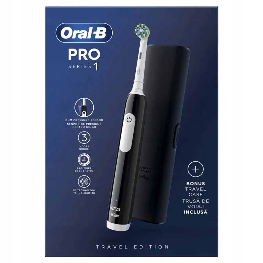 „Oral-B Pro Series 1“ juodas elektrinis dantų šepetėlis, 3 režimai, su dėklu