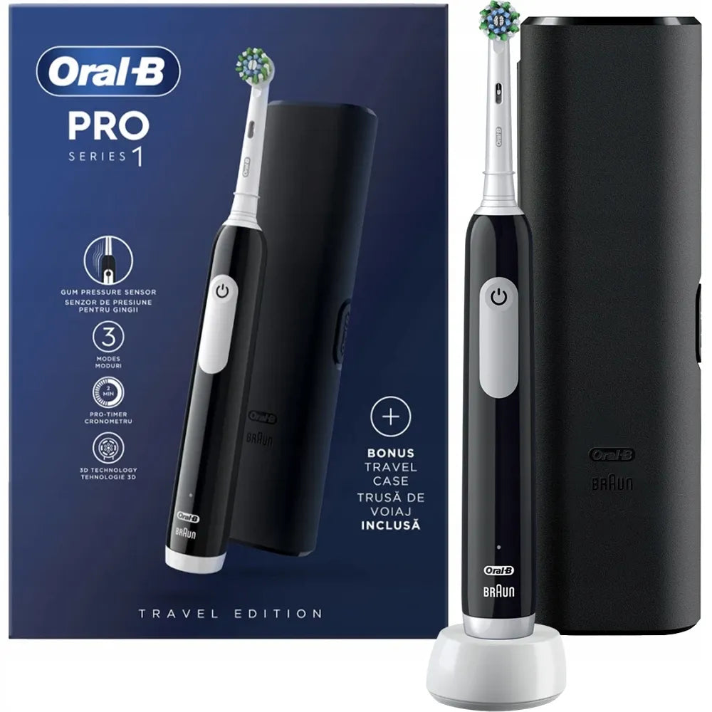 „Oral-B Pro Series 1“ juodas elektrinis dantų šepetėlis, 3 režimai, su dėklu