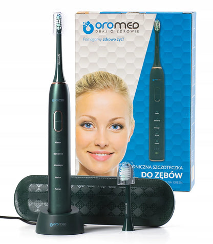 „Oromed ORO-BRUSH GREEN“ elektrinis garsinis dantų šepetėlis, 5 režimai, IPX7, su dėklu