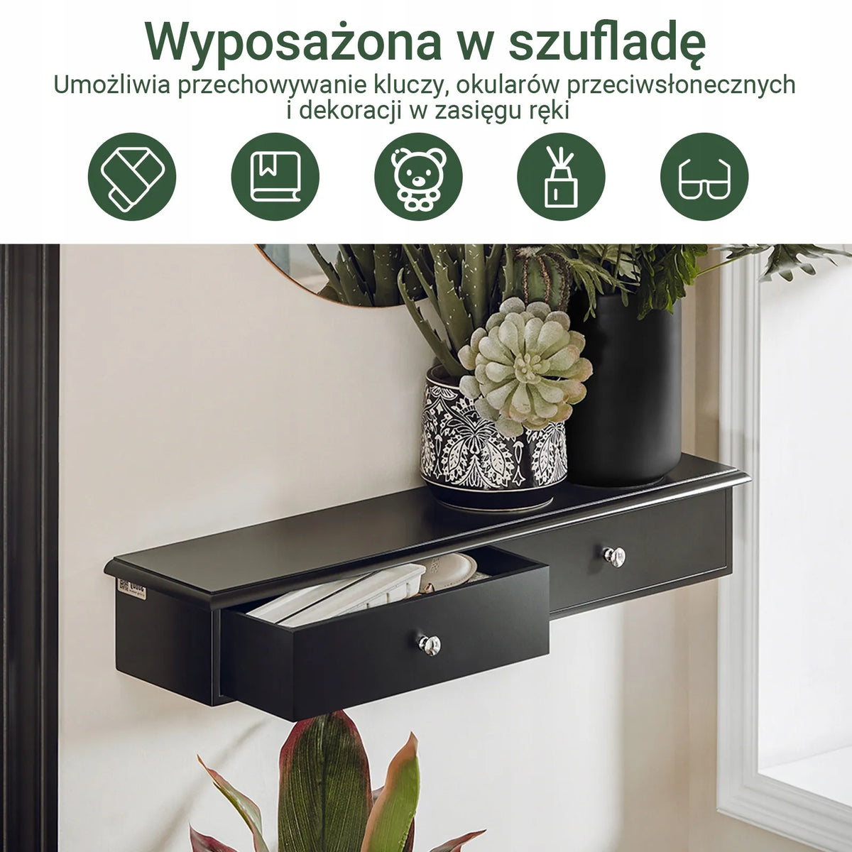 Pakabinama naktinė spintelė SoBuy su stalčiais, juoda, 64 × 15 cm, FRG43-SCH