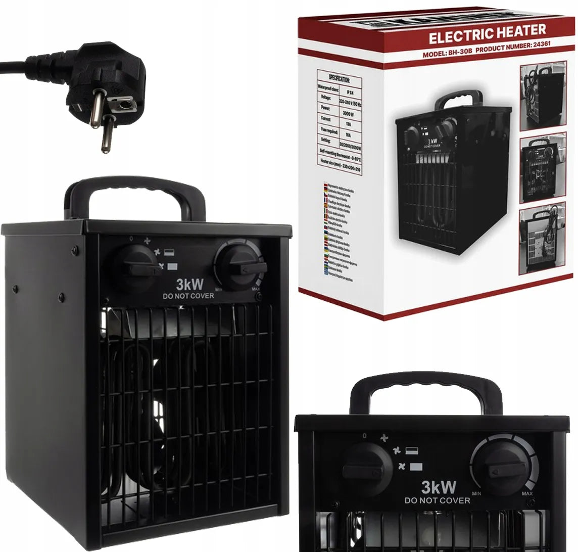 PAKO elektrinis šildytuvas ventiliatorius su termostatu, galingas 3kW 3000W