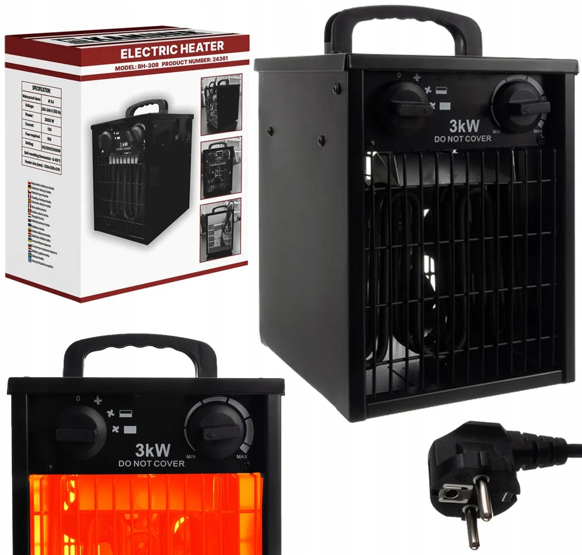 PAKO elektrinis šildytuvas ventiliatorius su termostatu, galingas 3kW 3000W