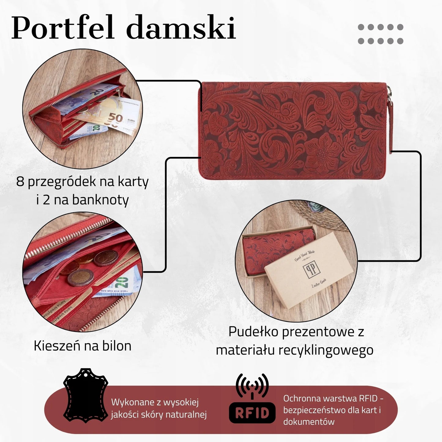 Paolo Peruzzi odinis moteriškas piniginės-delninės modelis, raudonas, su užtrauktuku ir RFID apsauga